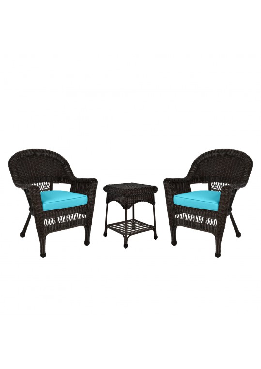 Espresso Wicker Chair And End Table Set With Sky Blue Chair Cushion