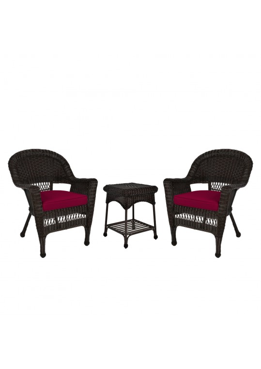 Espresso Wicker Chair And End Table Set With Red Chair Cushion