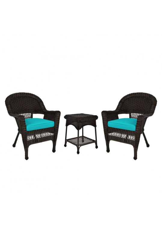 Espresso Wicker Chair And End Table Set With Turquoise Chair Cushion