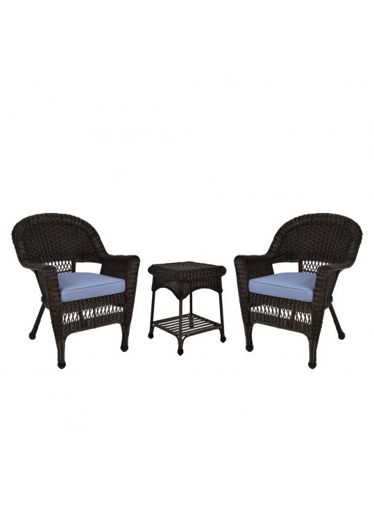 Espresso Wicker Chair And End Table Set With Steel Blue Chair Cushion