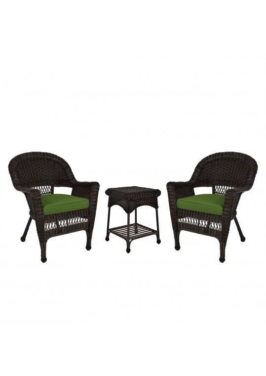 Espresso Wicker Chair And End Table Set With Hunter Green Chair Cushion