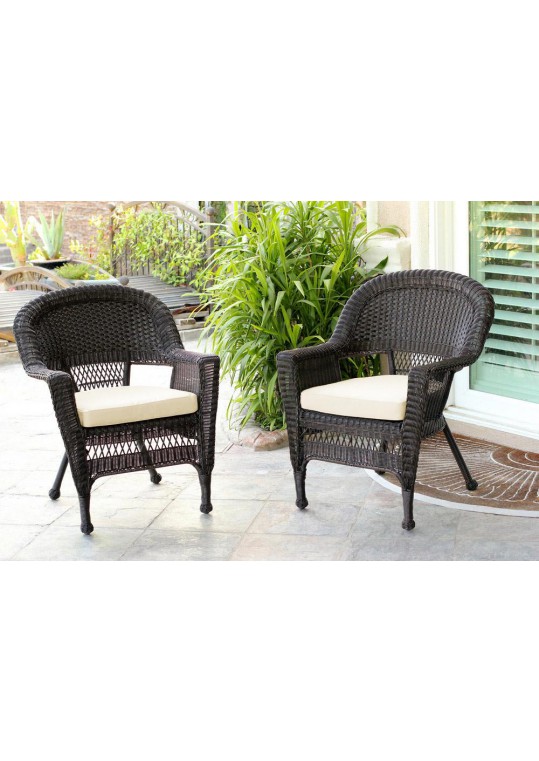 Espresso Wicker Chair With Ivory Cushion - Set of 2