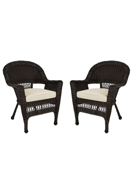 Espresso Wicker Chair With Ivory Cushion - Set of 2