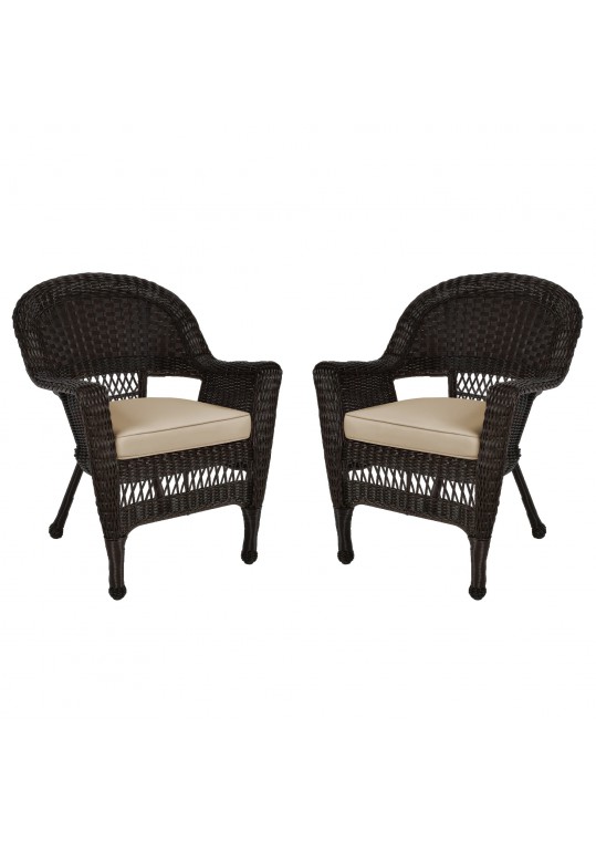 Espresso Wicker Chair With Tan Cushion - Set of 2