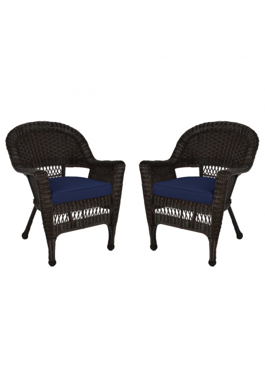 Espresso Wicker Chair With Midnight Blue Cushion - Set of 2