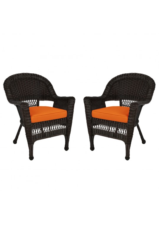 Espresso Wicker Chair With Orange Cushion - Set of 2