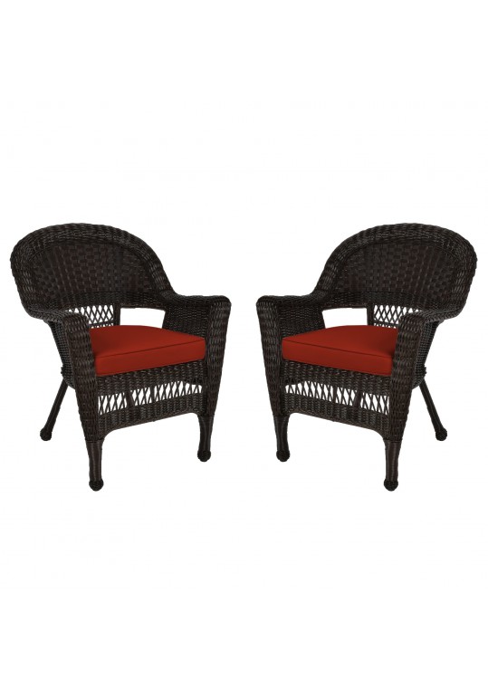 Espresso Wicker Chair With Brick Red Cushion - Set of 2