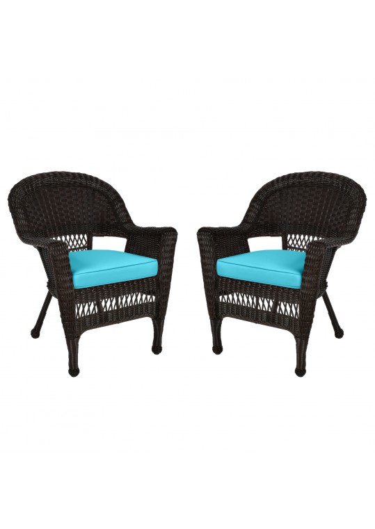 Espresso Wicker Chair With Sky Blue Cushion - Set of 2