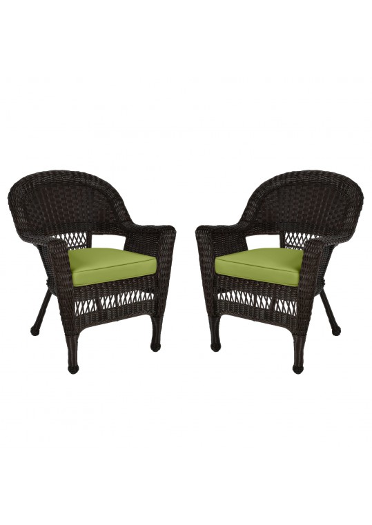 Espresso Wicker Chair With Sage Green Cushion - Set of 2
