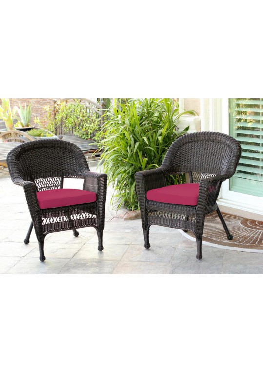 Espresso Wicker Chair With Red Cushion - Set of 2