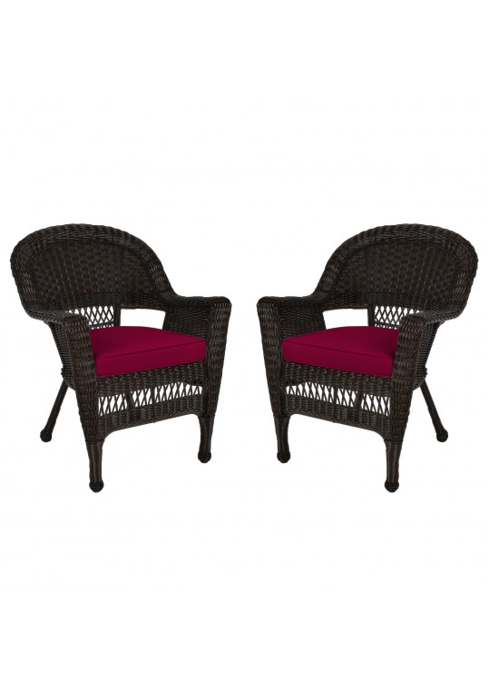 Espresso Wicker Chair With Red Cushion - Set of 2