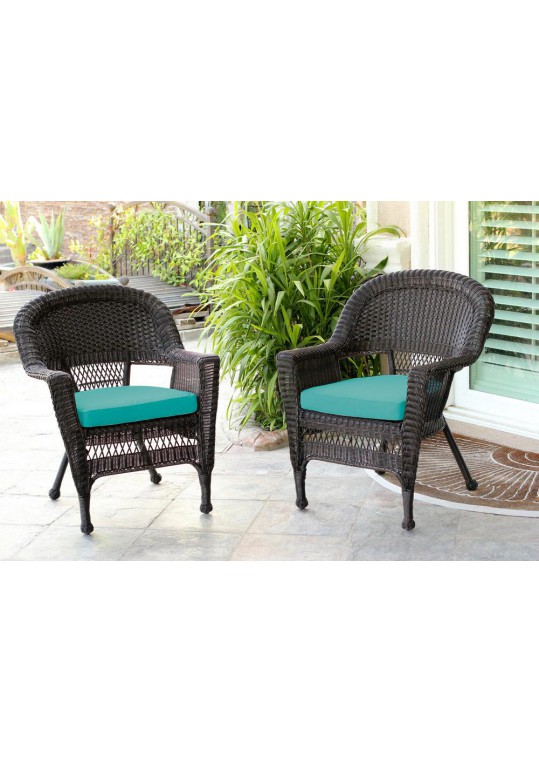 Espresso Wicker Chair With Turquoise Cushion - Set of 2