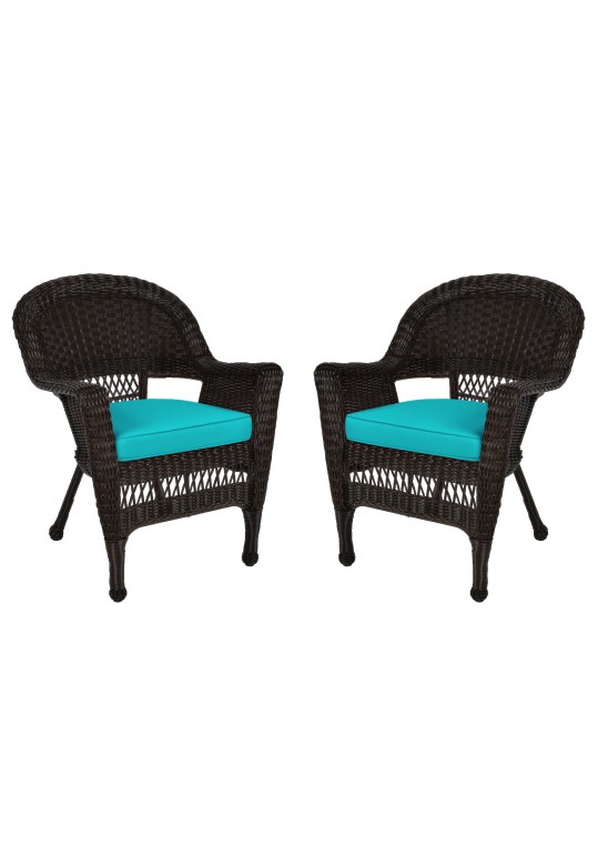 Espresso Wicker Chair With Turquoise Cushion - Set of 2