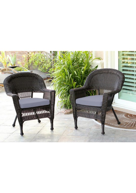 Espresso Wicker Chair With Steel Blue Cushion - Set of 2