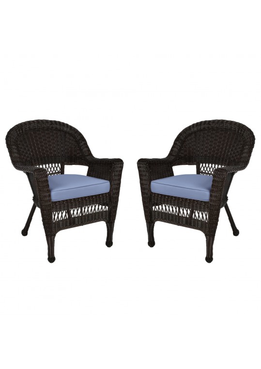 Espresso Wicker Chair With Steel Blue Cushion - Set of 2