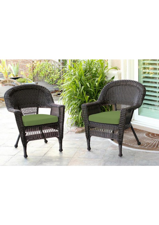 Espresso Wicker Chair With Hunter Green Cushion - Set of 2