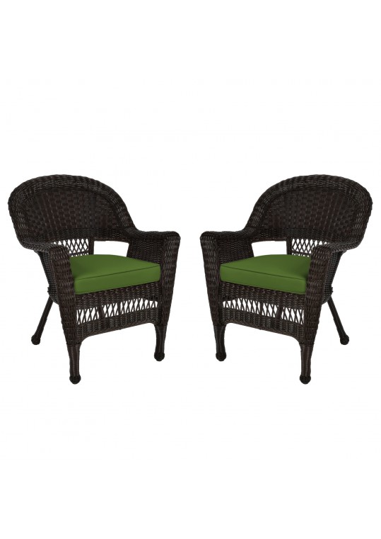 Espresso Wicker Chair With Hunter Green Cushion - Set of 2