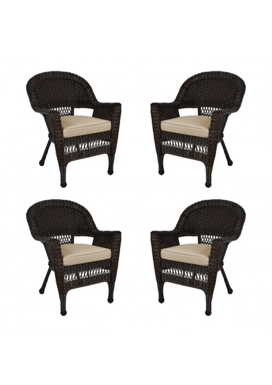 Espresso Wicker Chair With Tan Cushion - Set of 4