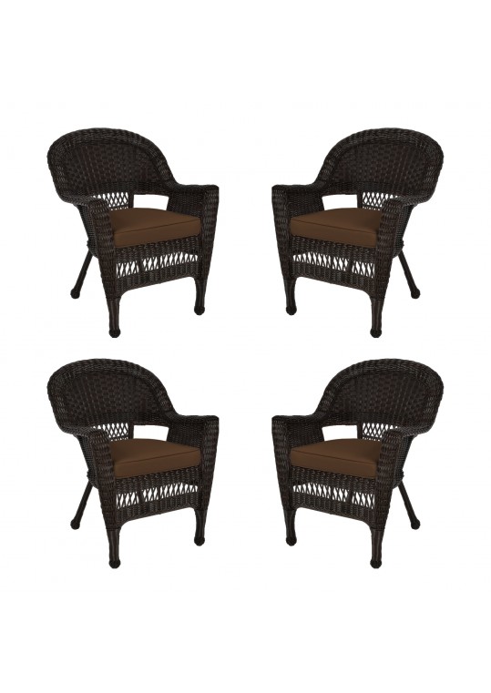 Espresso Wicker Chair With Brown Cushion - Set of 4