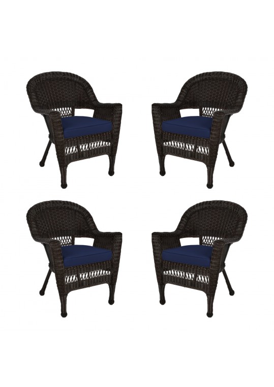 Espresso Wicker Chair With Midnight Blue Cushion - Set of 4