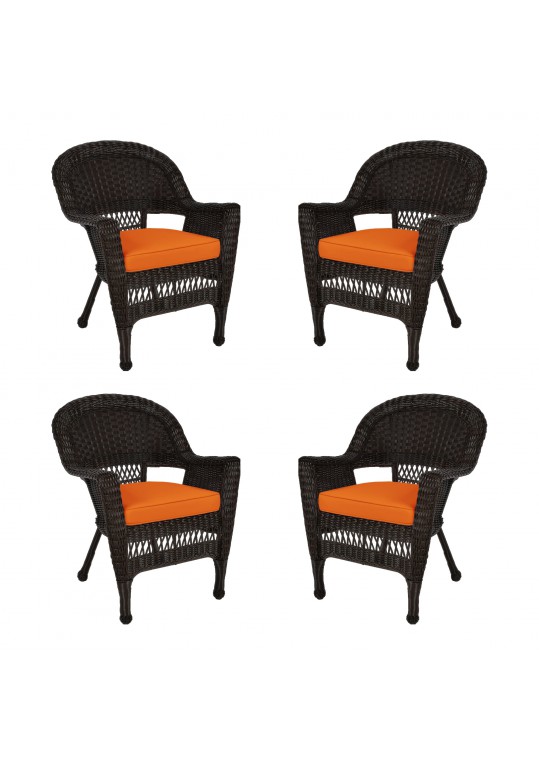 Espresso Wicker Chair With Orange Cushion - Set of 4
