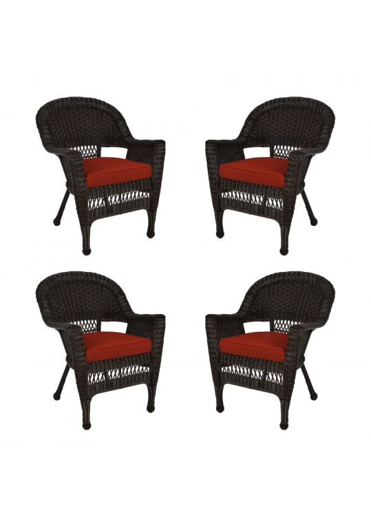 Espresso Wicker Chair With Brick Red Cushion - Set of 4
