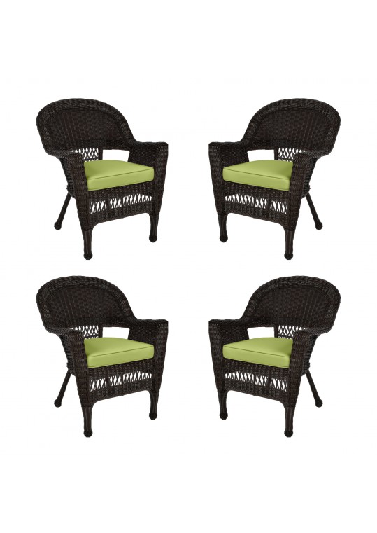 Espresso Wicker Chair With Sage Green Cushion - Set of 4