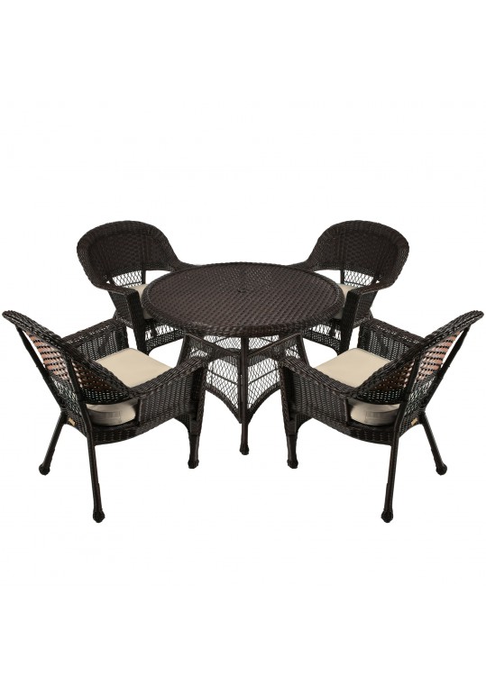 5pc Espresso Wicker Dining Set - Tan Cushions