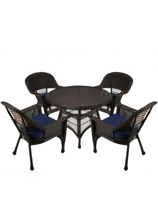 5pc Espresso Wicker Dining Set - Midnight Blue Cushions