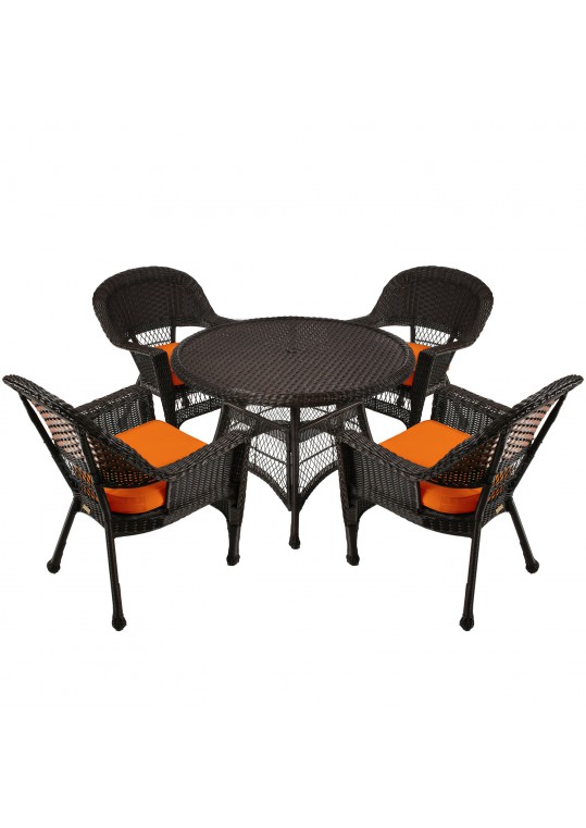 5pc Espresso Wicker Dining Set - Orange Cushions