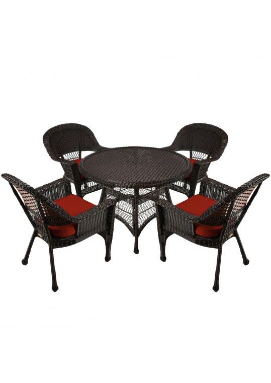 5pc Espresso Wicker Dining Set - Brick Red Cushions