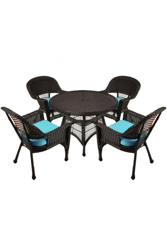 5pc Espresso Wicker Dining Set - Sky Blue Cushions