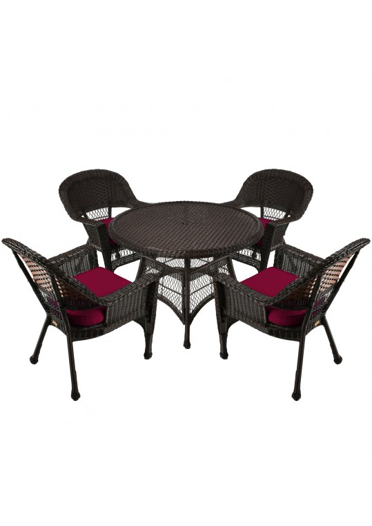 5pc Espresso Wicker Dining Set - Red Cushions
