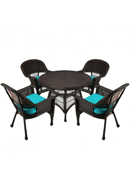 5pc Espresso Wicker Dining Set - Turquoise Cushions