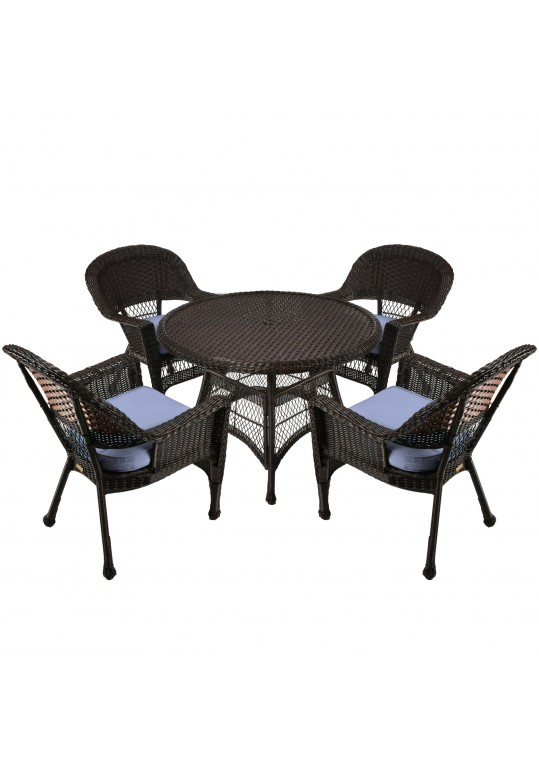 5pc Espresso Wicker Dining Set - Steel Blue Cushions
