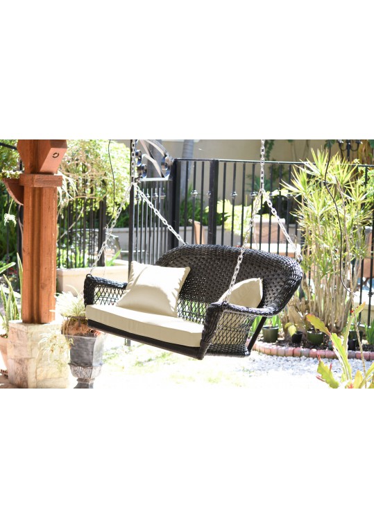 Espresso Resin Wicker Porch Swing with Ivory Cushion