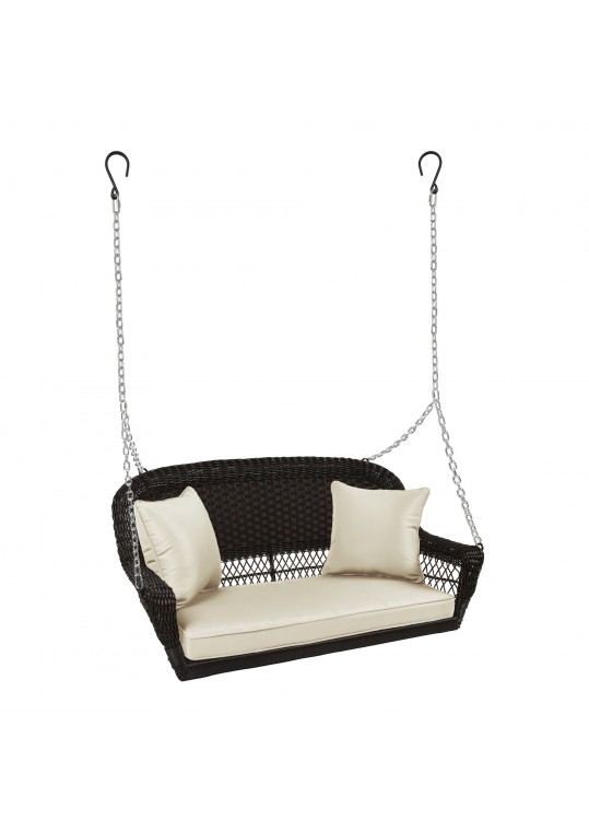 Espresso Resin Wicker Porch Swing with Ivory Cushion