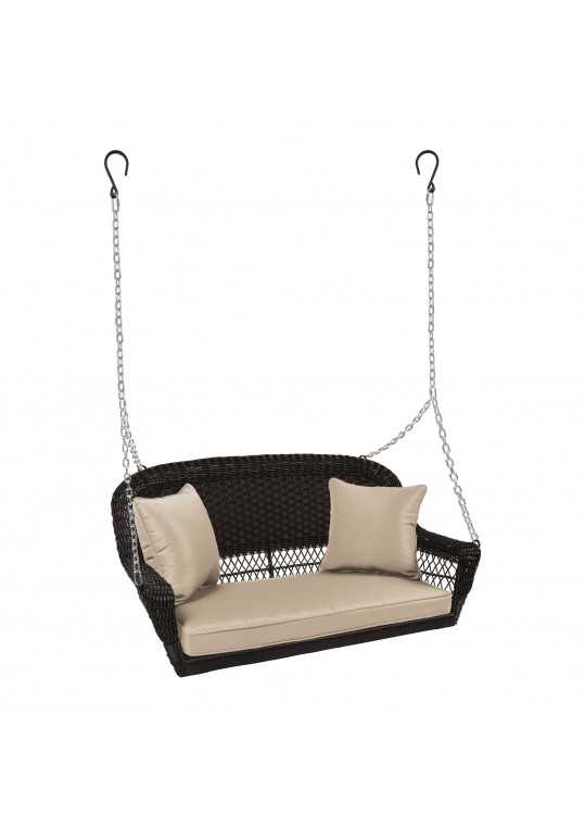 Espresso Resin Wicker Porch Swing with Tan Cushion