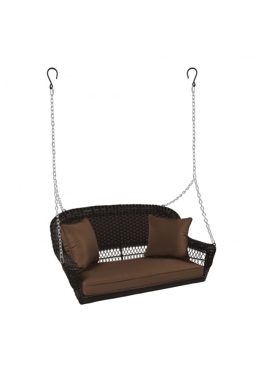 Espresso Resin Wicker Porch Swing with Brown Cushion