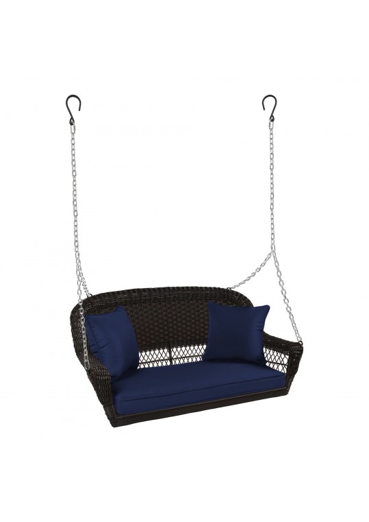 Espresso Resin Wicker Porch Swing with Midnight Blue Cushion