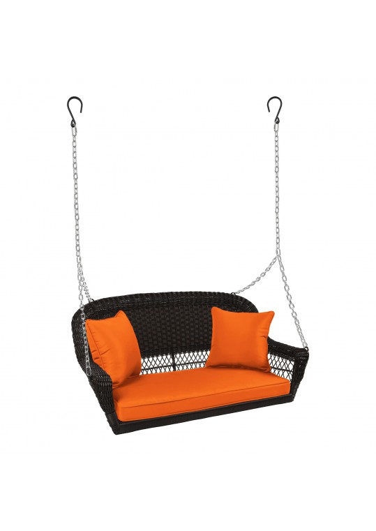 Espresso Resin Wicker Porch Swing with Orange Cushion