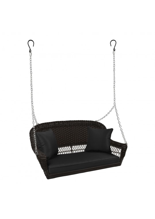 Espresso Resin Wicker Porch Swing with Black Cushion