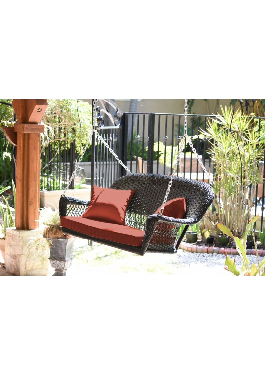 Espresso Resin Wicker Porch Swing with Brick Red Cushion