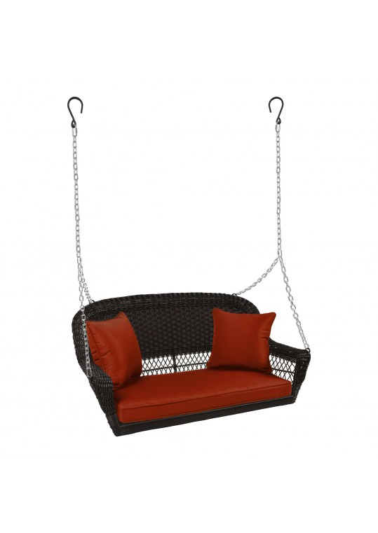 Espresso Resin Wicker Porch Swing with Brick Red Cushion