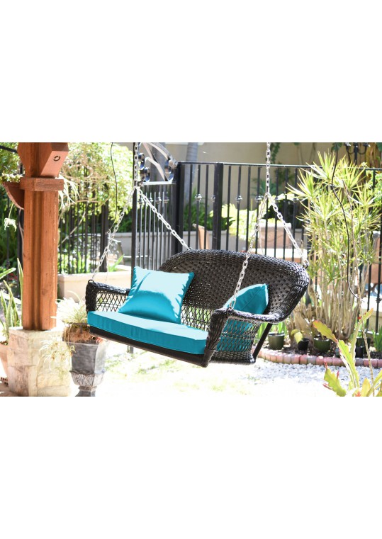 Espresso Resin Wicker Porch Swing with Sky Blue Cushion