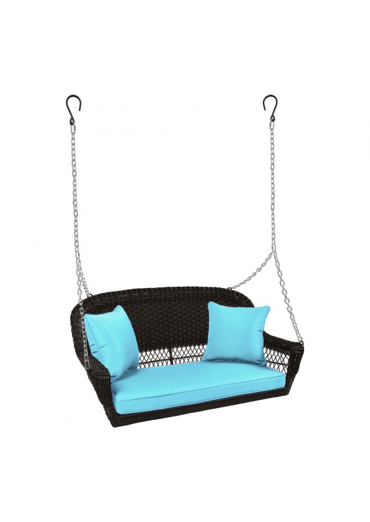 Espresso Resin Wicker Porch Swing with Sky Blue Cushion