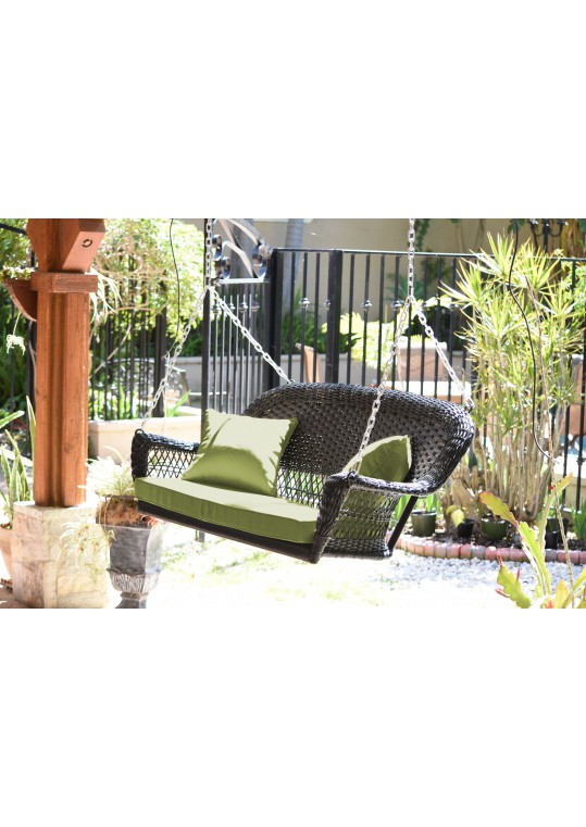 Espresso Resin Wicker Porch Swing with Sage Green Cushion