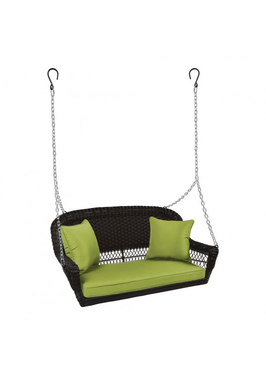 Espresso Resin Wicker Porch Swing with Sage Green Cushion