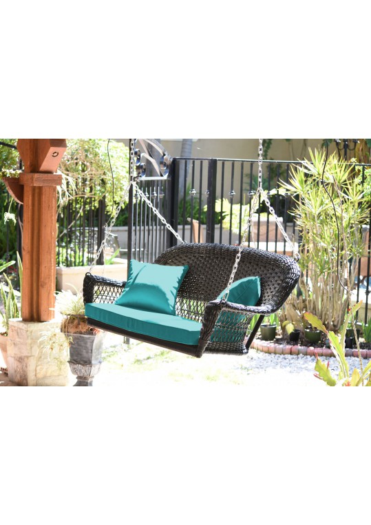 Espresso Resin Wicker Porch Swing with Turquoise Cushion