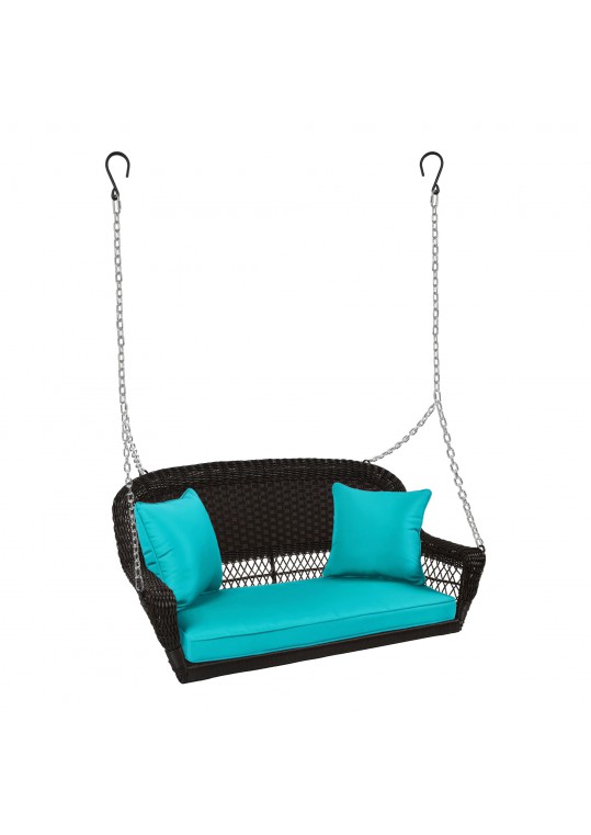 Espresso Resin Wicker Porch Swing with Turquoise Cushion